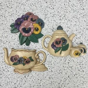 Vintage 90s Burwood Home Interiors Pansies Flower‎ Tea Set Wall Hangings 3 pc